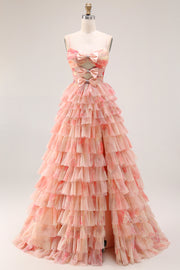 A-Line Floral Cut Out Tiered Bowed Sunset Long Prom Dress with Slit