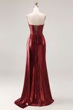 Metallic Burgundy Strapless Ruched Mermaid Long Prom Dress with Slit