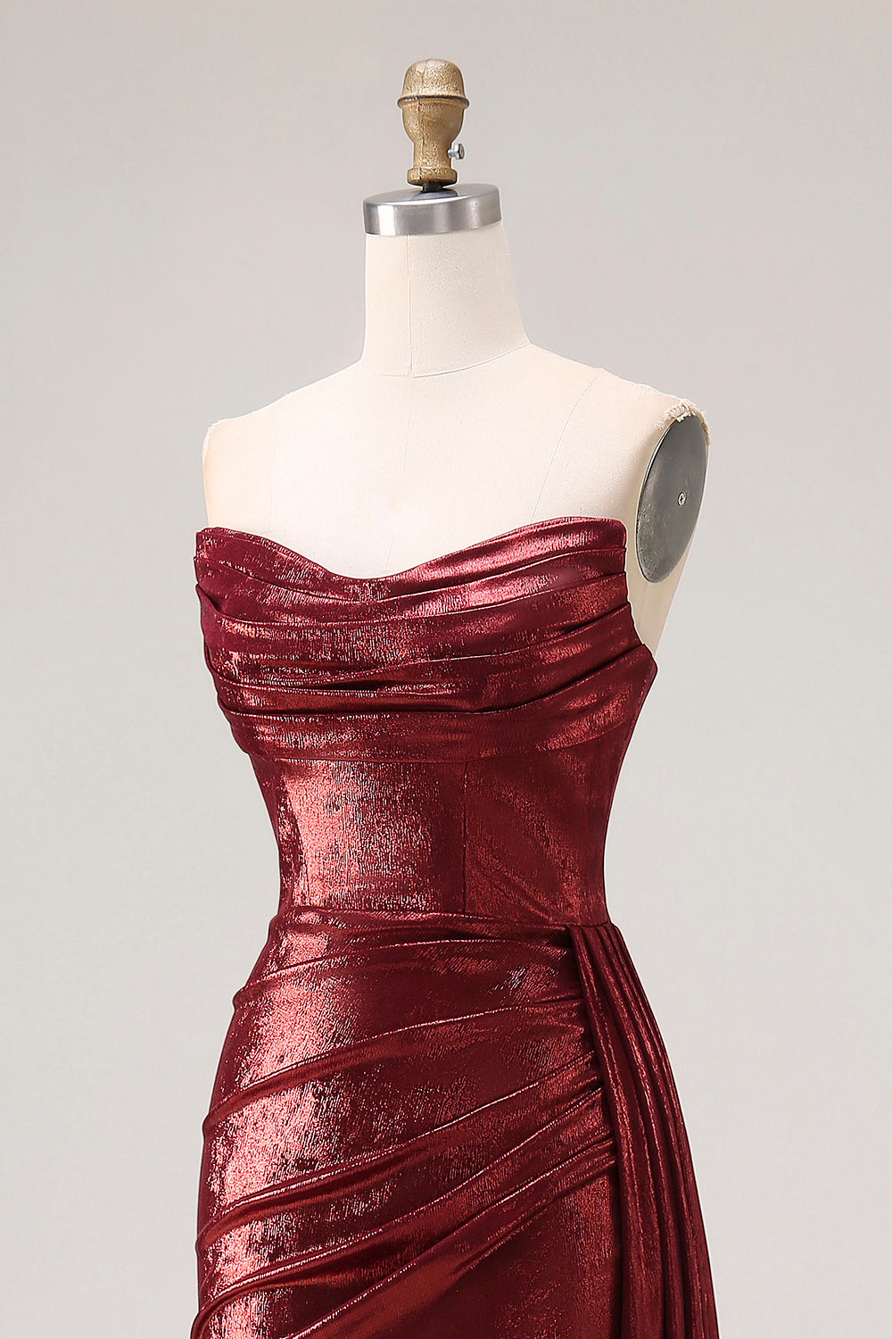 ZAPAKA Women Metallic Burgundy Long Prom Dress with Slit Mermaid Strapless Ruched Satin Formal Dress with Cape, Burgundy / US18W