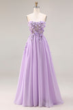 Lilac Appliqued Strapless A Line Corset Long Prom Dress