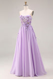 Lilac Appliqued Strapless A Line Corset Long Prom Dress