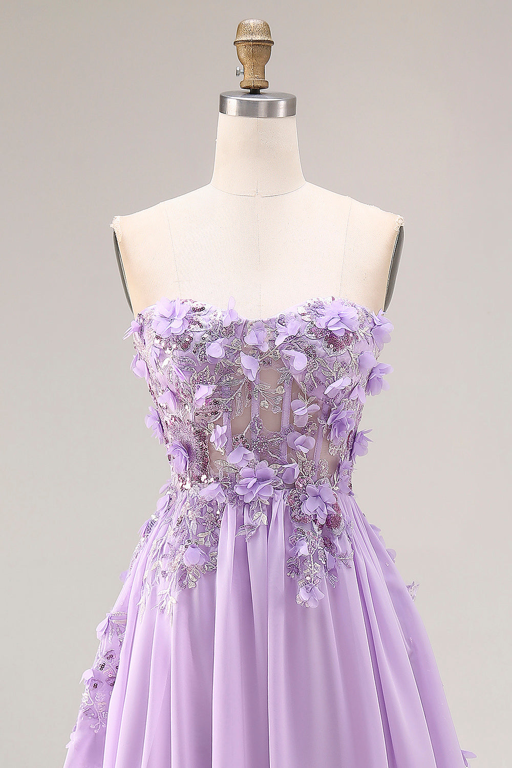 Zapaka Women Lilac Appliqued Prom Dress Strapless 3D Flowers A Line