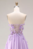Lilac Appliqued Strapless A Line Corset Long Prom Dress