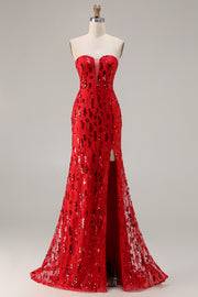 Sparkly Red Strapless Mermaid Sequin Long Prom Dress with Slit