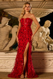 Sparkly Red Strapless Mermaid Sequin Long Prom Dress with Slit
