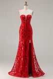 Sparkly Red Strapless Mermaid Sequin Long Prom Dress with Slit