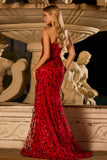 Sparkly Red Strapless Mermaid Sequin Long Prom Dress with Slit