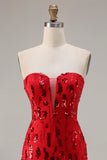 Sparkly Red Strapless Mermaid Sequin Long Prom Dress with Slit