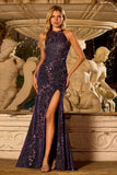 Sparkly Halter Grape Mermaid Backless Sequin Long Prom Dress with Slit