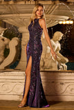 Sparkly Halter Grape Mermaid Backless Sequin Long Prom Dress with Slit