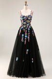 Sparkly Black A-Line Tulle Sequin Long Prom Dress with Slit