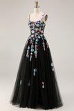 Sparkly Black A-Line Tulle Sequin Long Prom Dress with Slit
