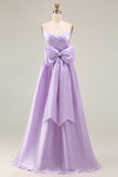 Lilac A Line Spaghetti Straps Pleated Satin Long Prom Dress with Bow