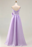 Lilac A Line Spaghetti Straps Pleated Satin Long Prom Dress with Bow