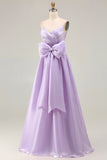 Lilac A Line Spaghetti Straps Pleated Satin Long Prom Dress with Bow