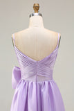 Lilac A Line Spaghetti Straps Pleated Satin Long Prom Dress with Bow