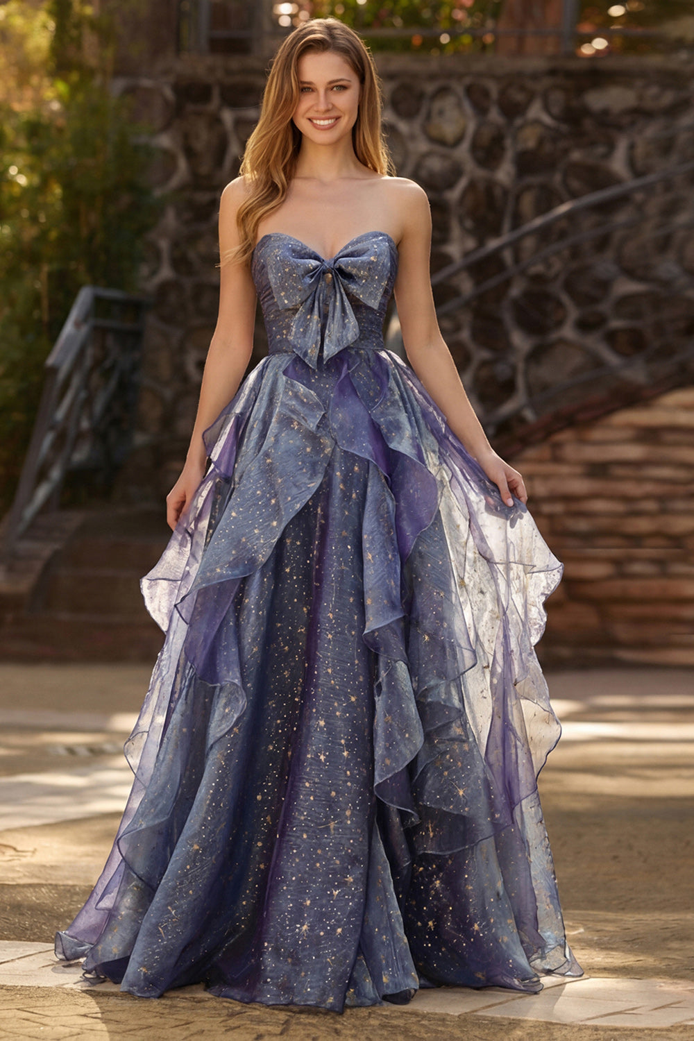Zapaka Women Dusty Blue Long Prom Dress A-Line Strapless Pleated Floral Ruffled Formal Dress with Lace Up Back ZAPAKA Zapaka Women Dusty Blue Long Prom Dress A-Line Strapless Pleated Floral Ruffled Formal Dress with Lace Up Back ZAPAKA