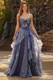 Dusty Blue Strapless A-Line Floral Ruffled Long Prom Dress with Lace Up Back