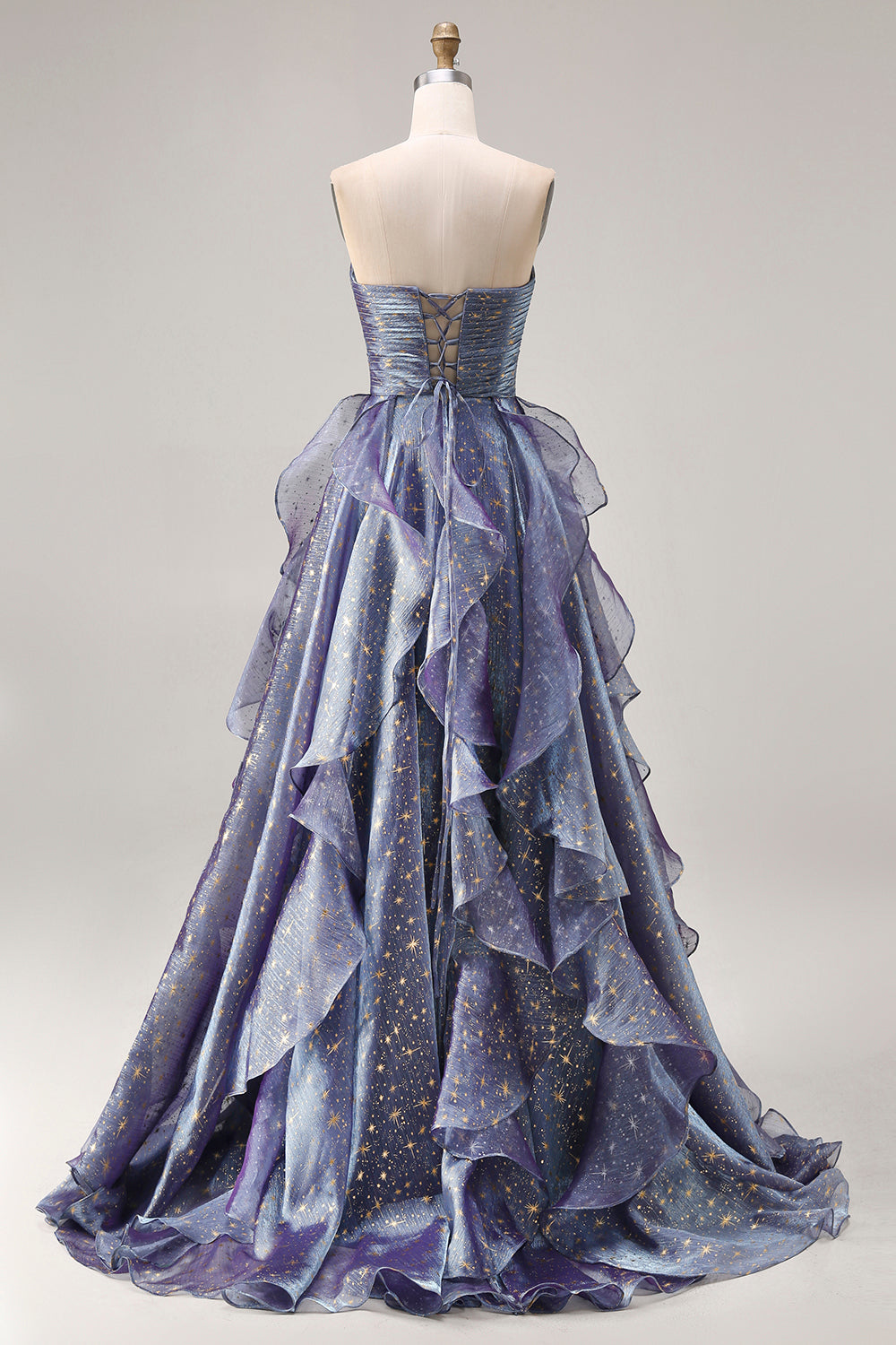 Zapaka Women Dusty Blue Long Prom Dress A-Line Strapless Pleated Floral Ruffled Formal Dress with Lace Up Back ZAPAKA Zapaka Women Dusty Blue Long Prom Dress A-Line Strapless Pleated Floral Ruffled Formal Dress with Lace Up Back ZAPAKA