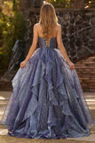 Dusty Blue Strapless A-Line Floral Ruffled Long Prom Dress with Lace Up Back
