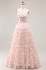 Halter A-Line Candy Pink Corset Floral Tiered Ruffle Long Prom Dress with Pearls