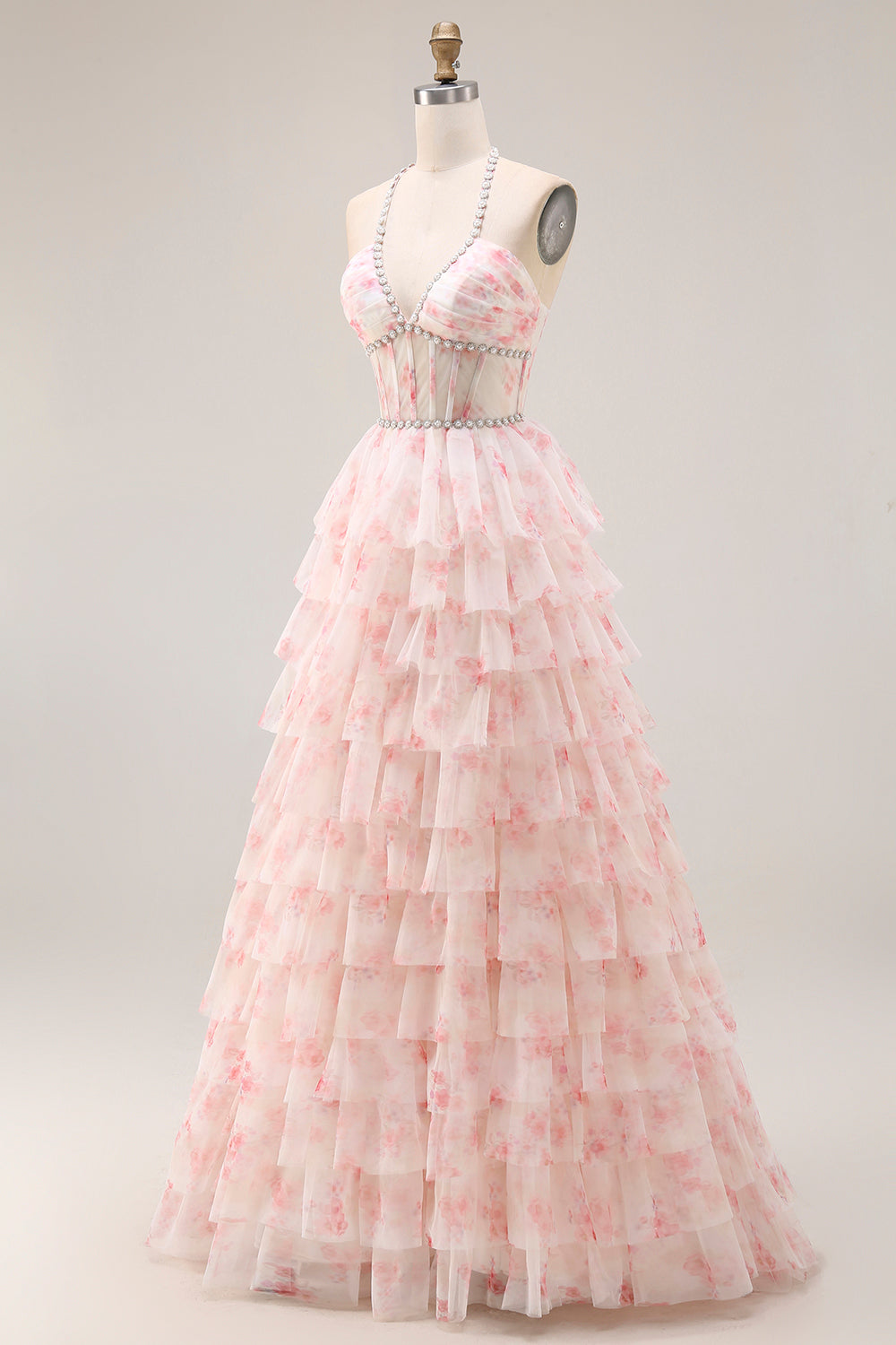 Halter A-Line Candy Pink Corset Floral Tiered Ruffle Long Prom Dress with Pearls Halter A-Line Candy Pink Corset Floral Tiered Ruffle Long Prom Dress with Pearls