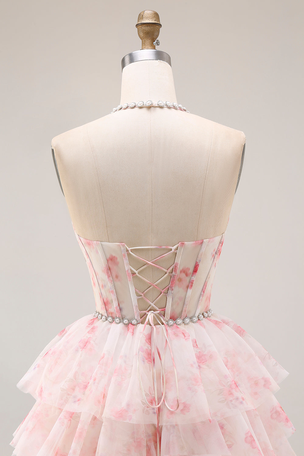 Zapaka Women Candy Pink Floral Long Prom Dress with Pearls A-Line Halter Tiered Ruffled Quinceanera Dress with Lace Up Back, Candy Pink / US24W Zapaka Women Candy Pink Floral Long Prom Dress with Pearls A-Line Halter Tiered Ruffled Quinceanera Dress with Lace Up Back, Candy Pink / US24W