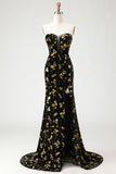 Black and Golden Mermaid Sequin Strapless Corset Velvet Long Prom Dress with Slit