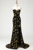 Black and Golden Mermaid Sequin Strapless Corset Velvet Long Prom Dress with Slit