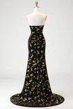 Black and Golden Mermaid Sequin Strapless Corset Velvet Long Prom Dress with Slit