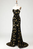 Black and Golden Mermaid Sequin Strapless Corset Velvet Long Prom Dress with Slit