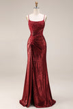 Dark Red Beaded Mermaid Ruched Lace Up Back Long Prom Dress with Slit