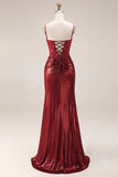 Dark Red Beaded Mermaid Ruched Lace Up Back Long Prom Dress with Slit