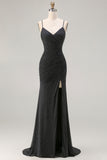 Sparkly Black Mermaid Spaghetti Straps Long Prom Dress with Slit