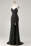 Sparkly Black Mermaid Spaghetti Straps Long Prom Dress with Slit