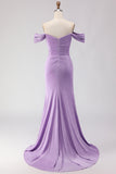 Off The Shoulder Ruched Mermaid Beaded  Purple Long Prom Dress with Slit