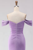 Off The Shoulder Ruched Mermaid Beaded  Purple Long Prom Dress with Slit