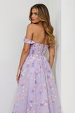Lilac A Line Off The Shoulder Embroidered Long Prom Dress with Slit