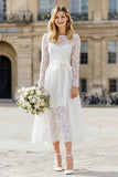 Ivory Lace A Line Round Neck Tea Length Engagement Dress with Bows
