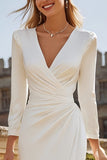 Ivory Bodycon Ruched V Neck Midi Engagement Dress with Slit