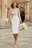 Ivory Bodycon Bateau Neck Midi Engagement Dress with Lace