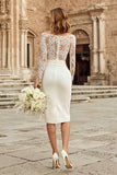 Ivory Bodycon Bateau Neck Midi Engagement Dress with Lace