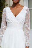 Ivory Chiffon V Neck A Line Pleated Midi Engagement Dress with Lace