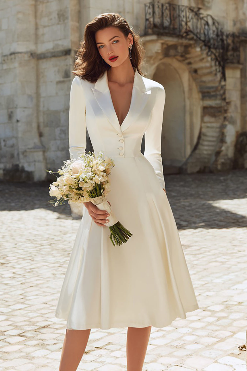 Zapaka Women Ivory Satin Midi Engagement Dress with Long Sleeves Peaked Lapel A Line Bridal Dress, Ivory / US20W Zapaka Women Ivory Satin Midi Engagement Dress with Long Sleeves Peaked Lapel A Line Bridal Dress, Ivory / US20W