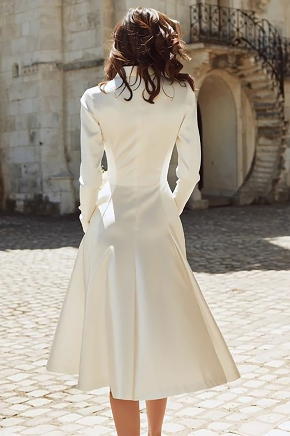 Zapaka Women Ivory Satin Midi Engagement Dress with Long Sleeves Peaked Lapel A Line Bridal Dress, Ivory / US20W Zapaka Women Ivory Satin Midi Engagement Dress with Long Sleeves Peaked Lapel A Line Bridal Dress, Ivory / US20W