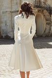 Ivory Satin Peaked Lapel A Line Midi Engagement Dress