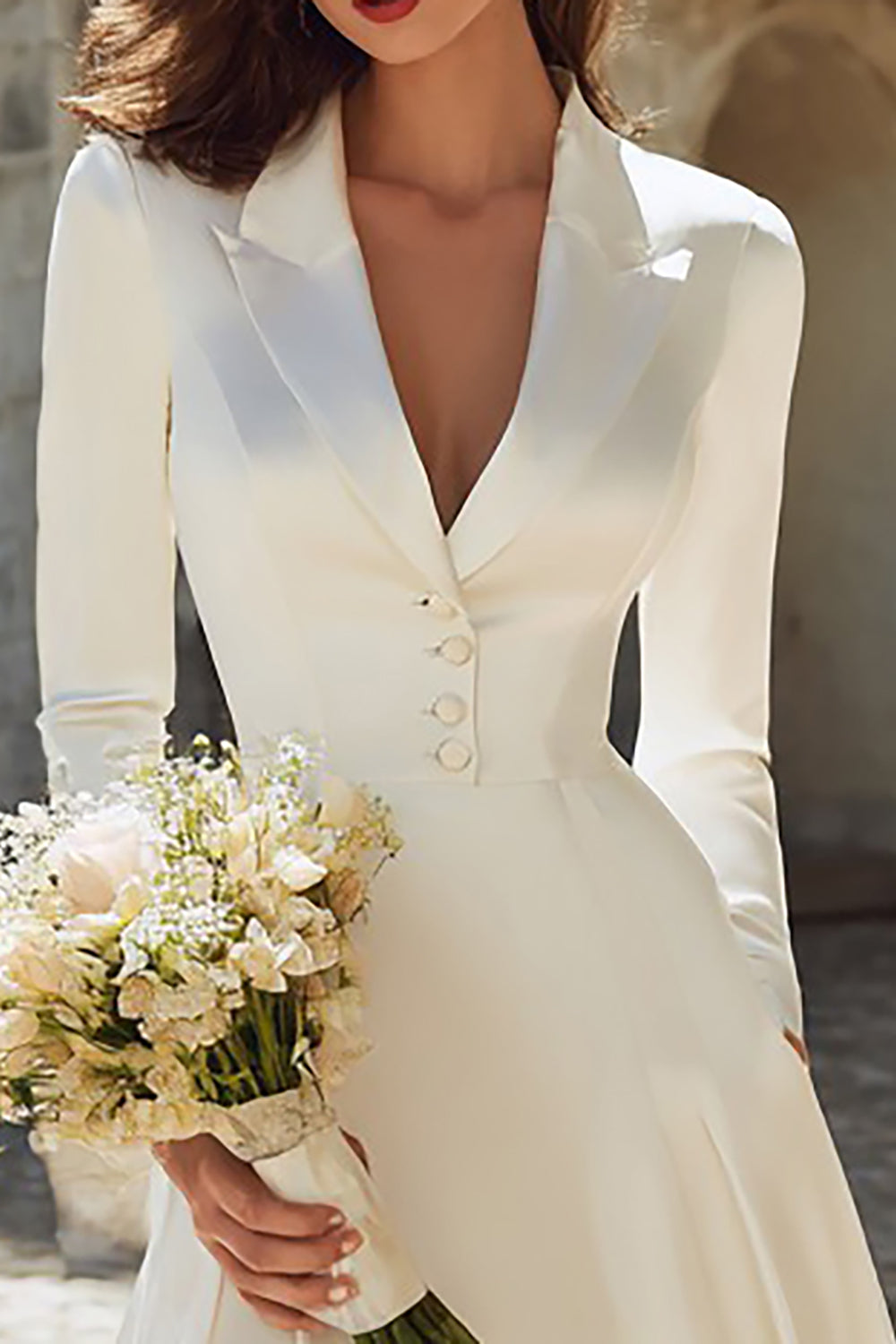 Zapaka Women Ivory Satin Midi Engagement Dress with Long Sleeves Peaked Lapel A Line Bridal Dress, Ivory / US20W Zapaka Women Ivory Satin Midi Engagement Dress with Long Sleeves Peaked Lapel A Line Bridal Dress, Ivory / US20W