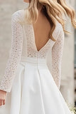 Ivory Long Sleeve A Line Midi Wedding Dress with Lace