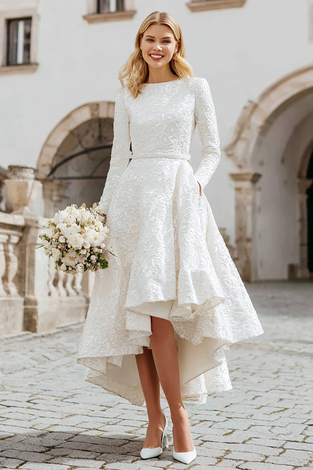 Zapaka Women Ivory Jacquard High-Low Registry Office Wedding Dress Boat Neck A-Line Wedding Reception Dress with Sleeves, Ivory / US24W Zapaka Women Ivory Jacquard High-Low Registry Office Wedding Dress Boat Neck A-Line Wedding Reception Dress with Sleeves, Ivory / US24W
