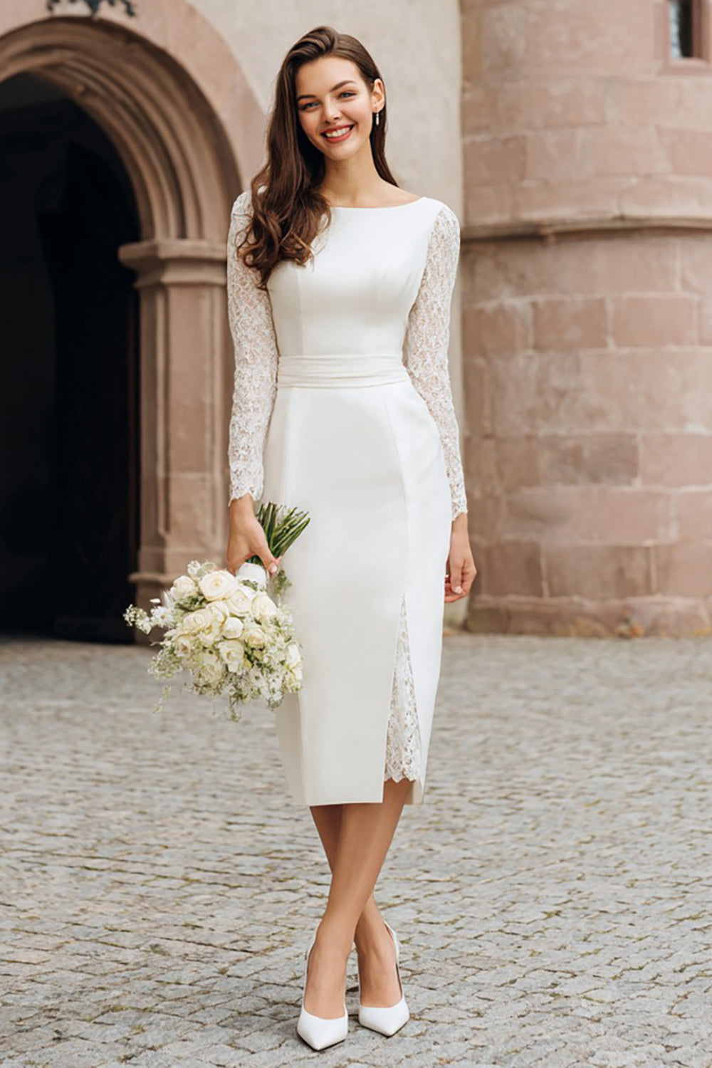 Zapaka Women Ivory Bodycon Midi Courthouse Wedding Dress with Lace Boat Neck Long Sleeves Satin Rehearsal Dinner Dress with Slit, Ivory / US18W Zapaka Women Ivory Bodycon Midi Courthouse Wedding Dress with Lace Boat Neck Long Sleeves Satin Rehearsal Dinner Dress with Slit, Ivory / US18W